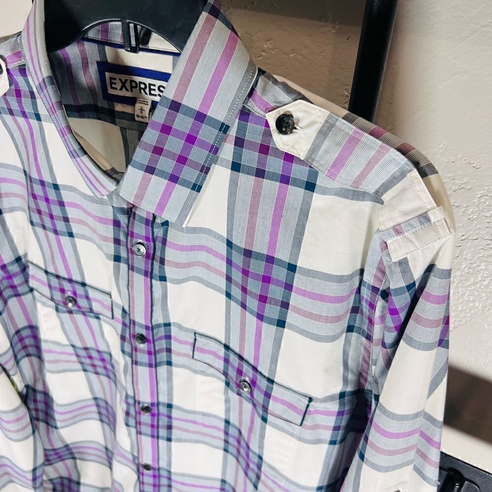 Express Fitted Button Down Long Sleeve Shirt Purp… - image 3